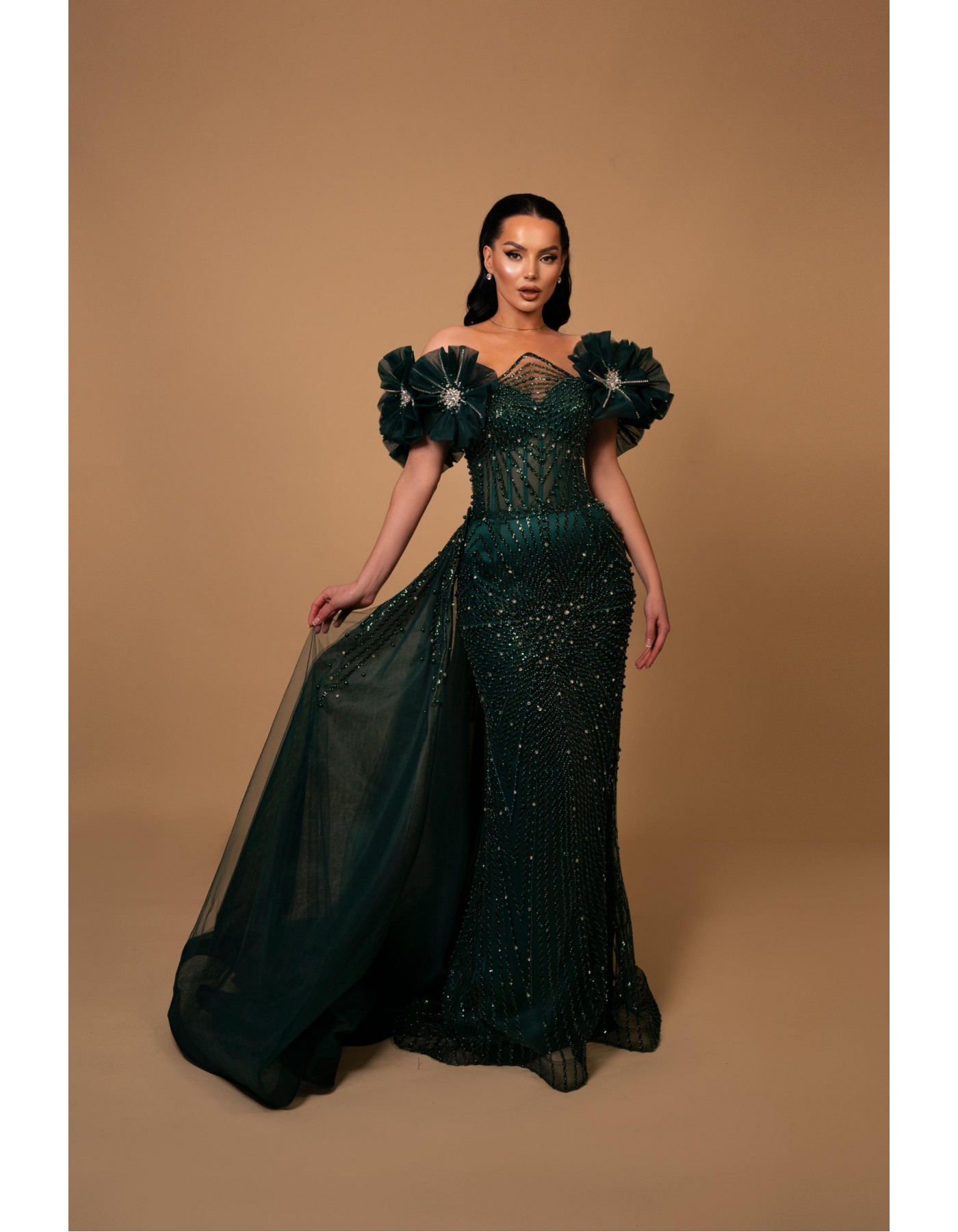Emerald Luxe Crystal Pearl Evening Gown Emerald Luxe Crystal Pearl Evening Gown