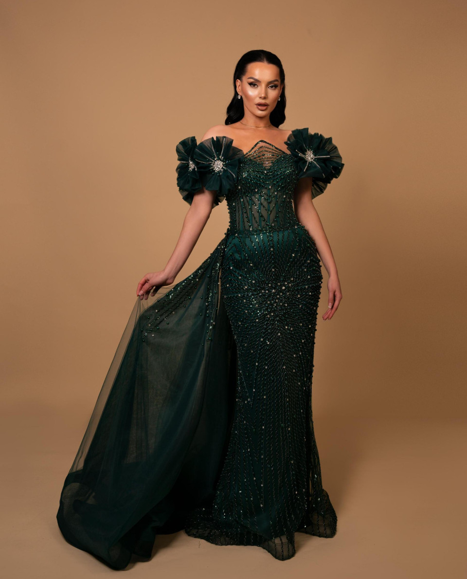 Elegant Dark Green Dress with Crystal Pearls | Luxury Evening Gown for ...