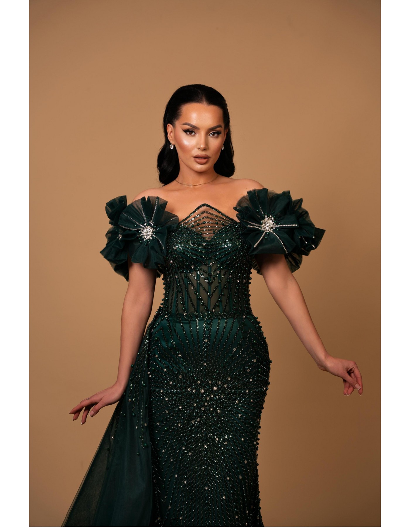 Emerald Luxe Crystal Pearl Evening Gown Emerald Luxe Crystal Pearl Evening Gown