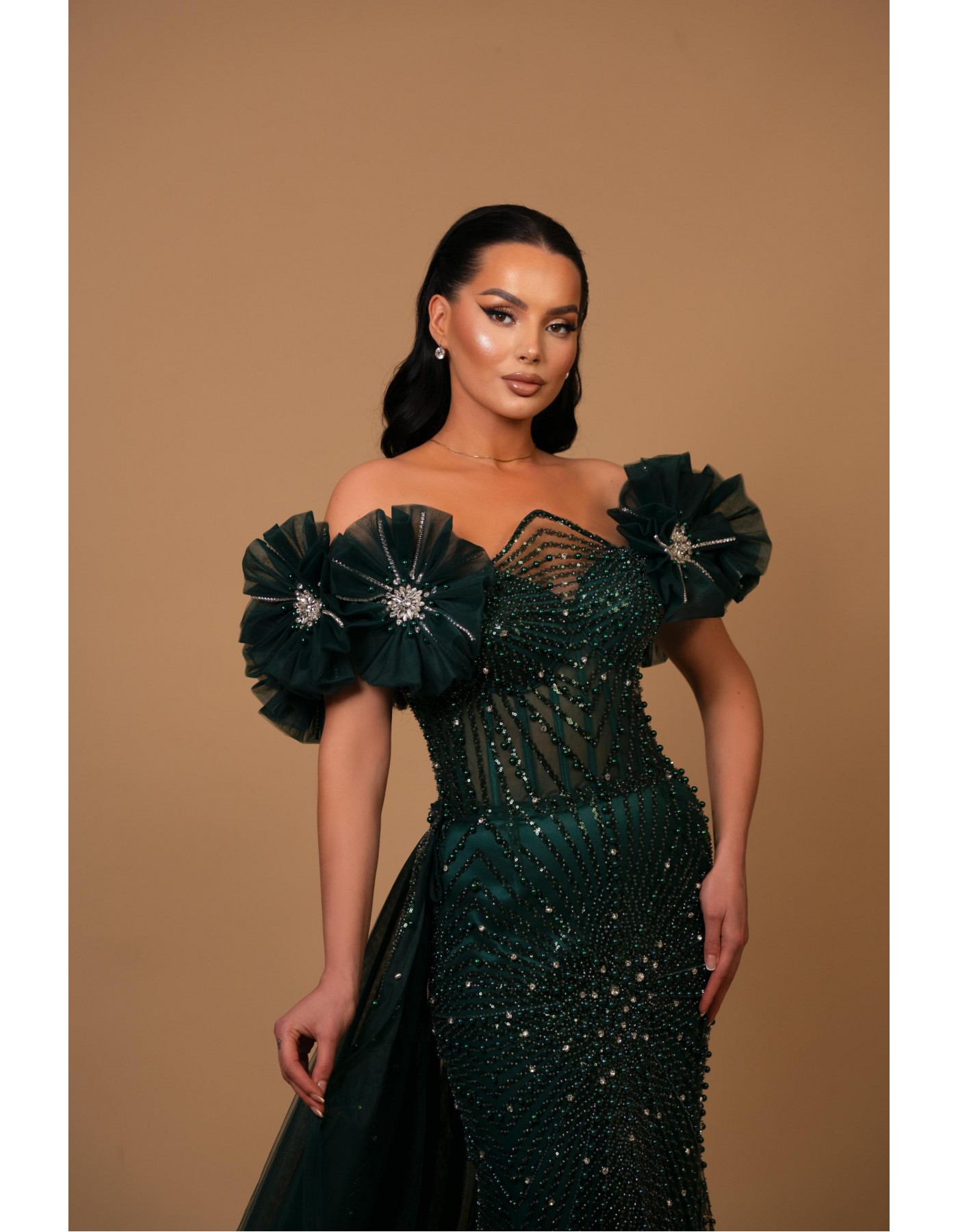 Emerald Luxe Crystal Pearl Evening Gown Emerald Luxe Crystal Pearl Evening Gown