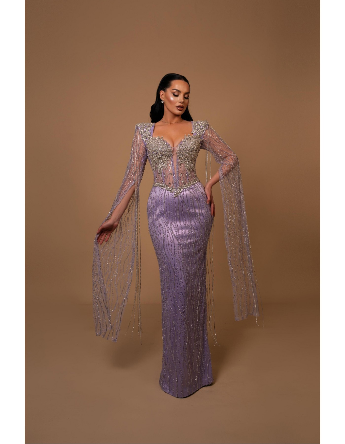 Amethyst Allure Beaded Long-Sleeve Gown