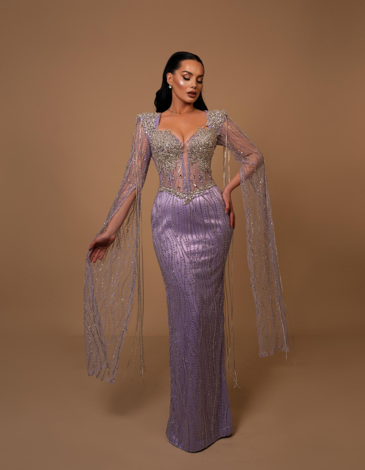 Amethyst Allure Beaded Long-Sleeve Gown