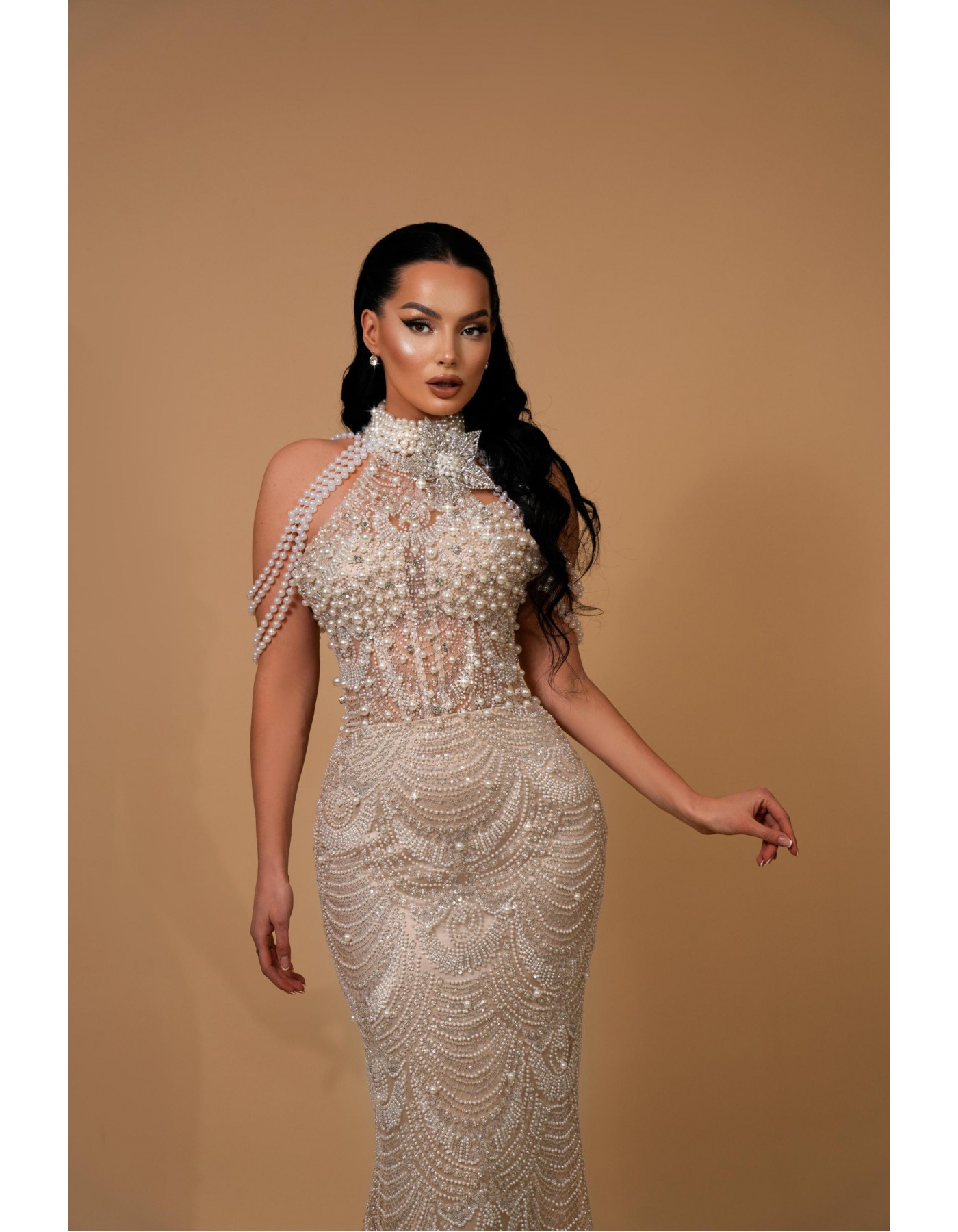 Pearl Enchantment Beaded Evening Gown