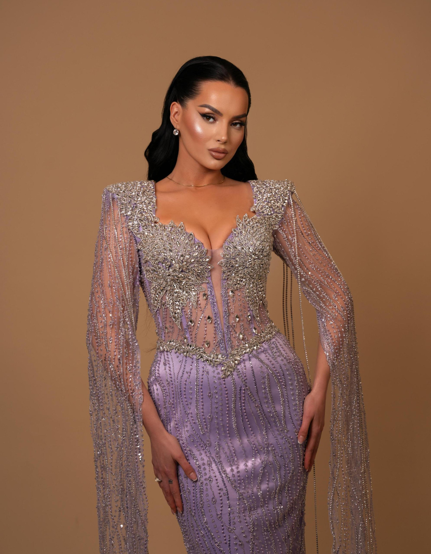 Amethyst Allure Beaded Long-Sleeve Gown