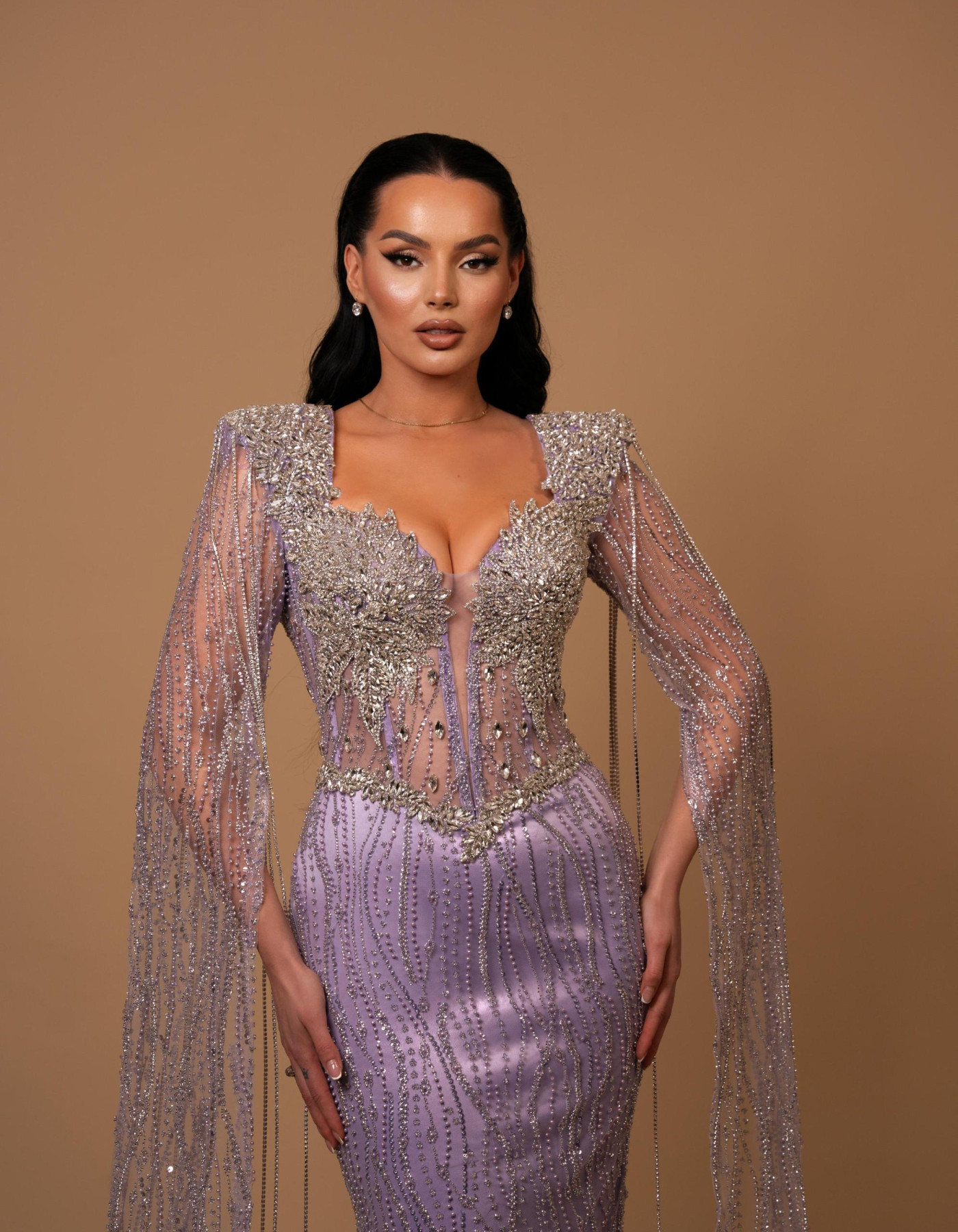 Amethyst Allure Beaded Long-Sleeve Gown