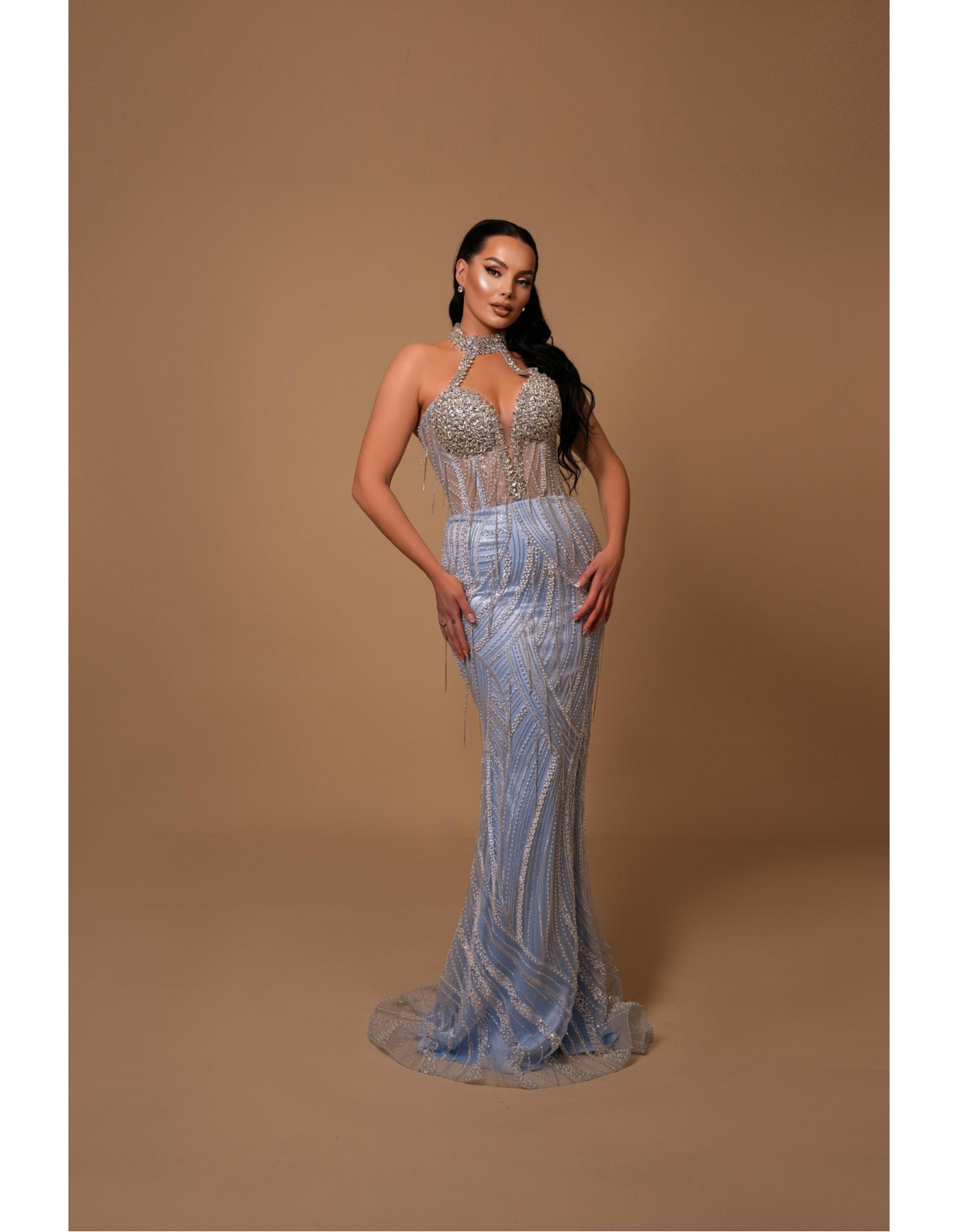 Celestial Grace Milk Blue Gown with Embroidered Stones & Neck Detail