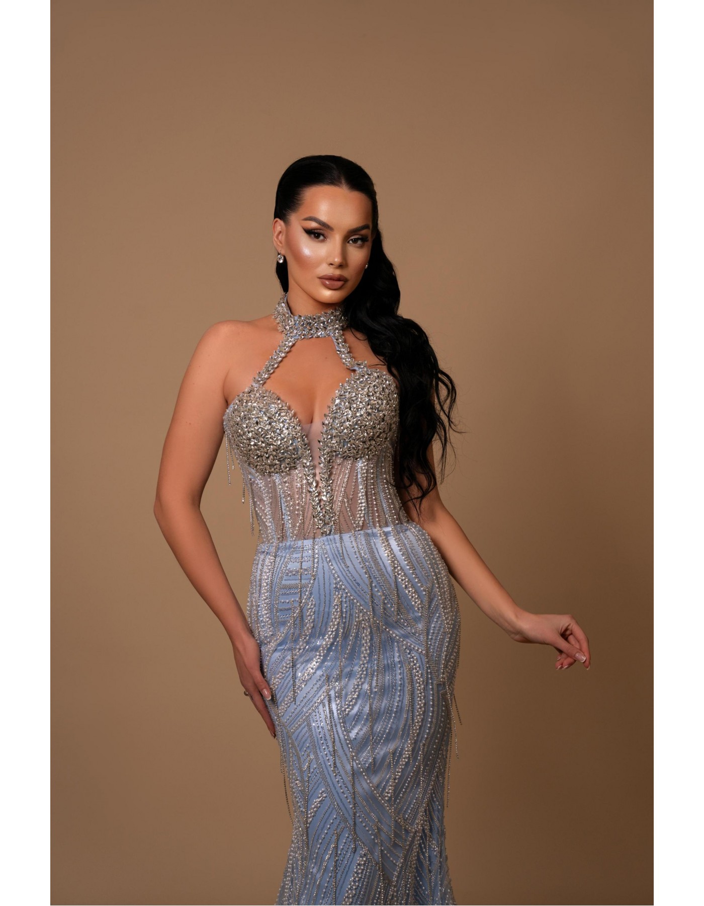 Celestial Grace Milk Blue Gown with Embroidered Stones & Neck Detail