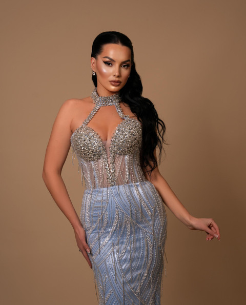 Celestial Grace Milk Blue Gown with Embroidered Stones & Neck Detail