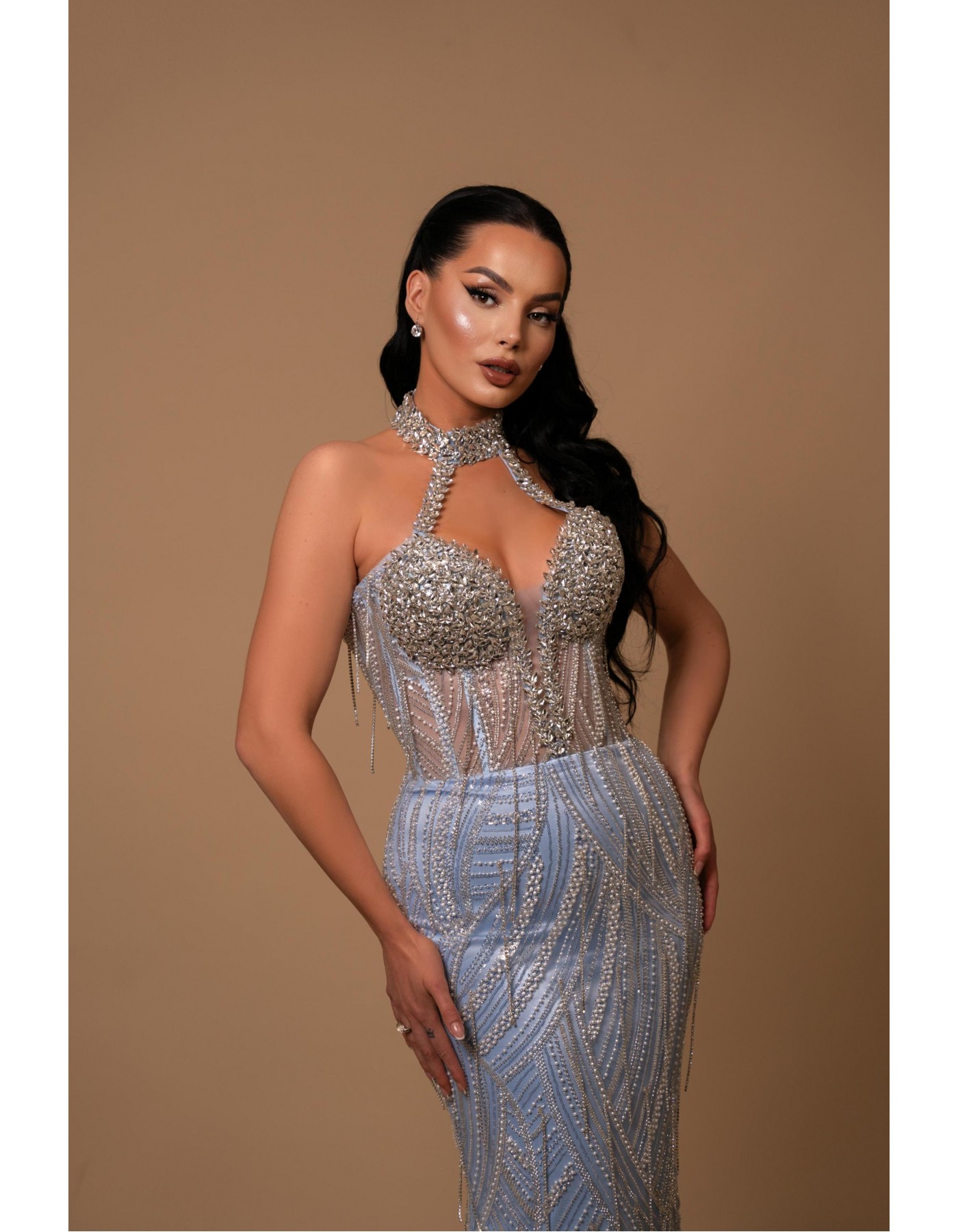 Celestial Grace Milk Blue Gown with Embroidered Stones & Neck Detail