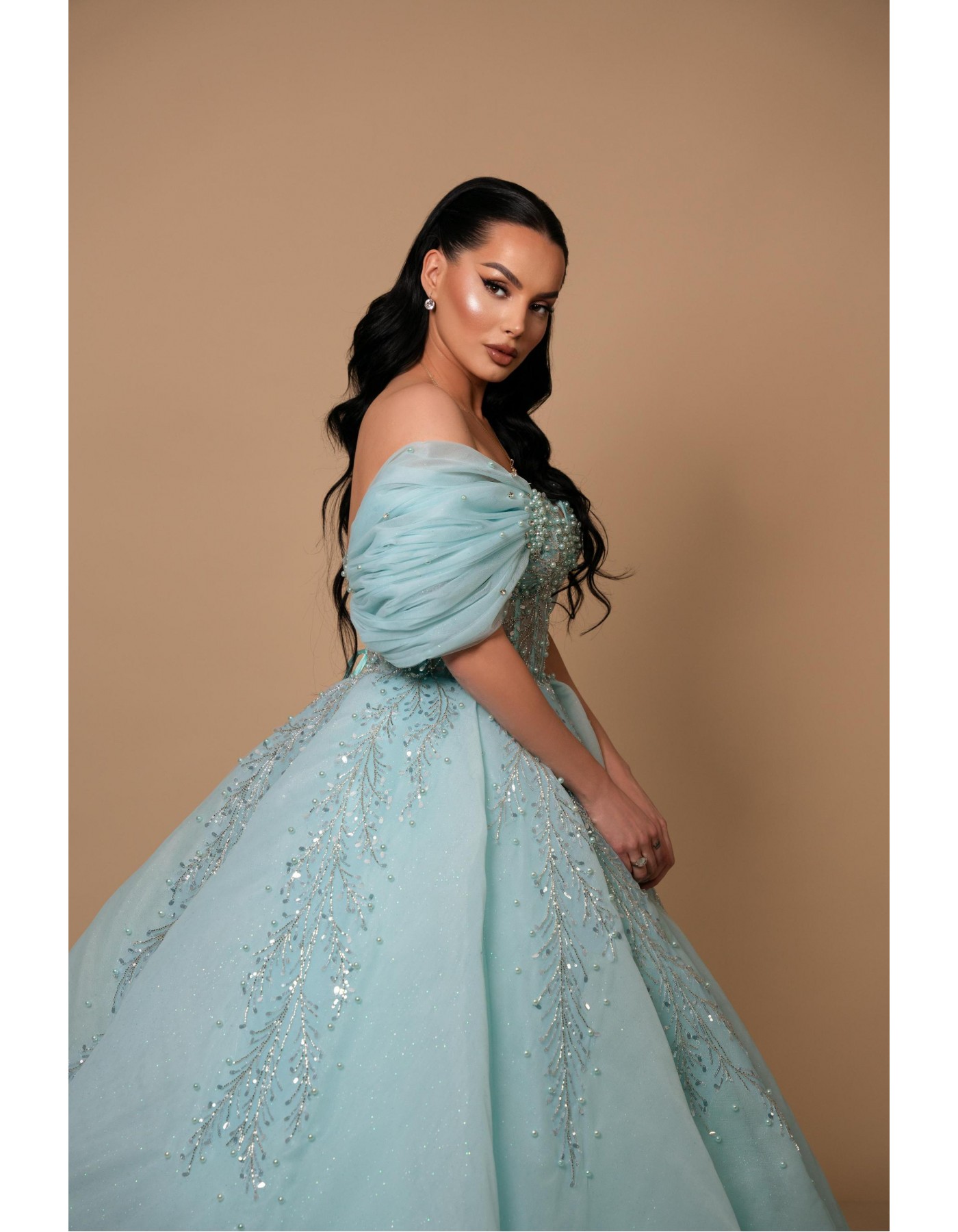 Sky Blue Long-Sleeve Wedding Gown with Embroidered Stones