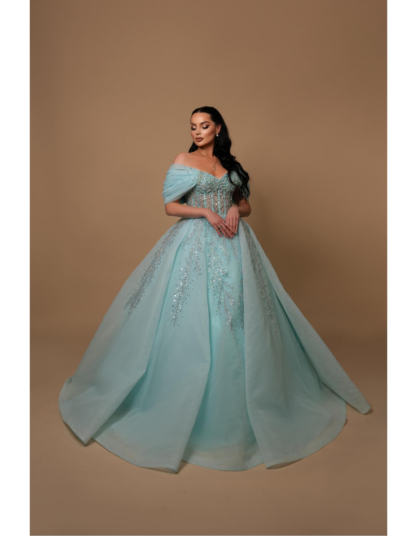 Sky Blue Long-Sleeve Wedding Gown with Embroidered Stones