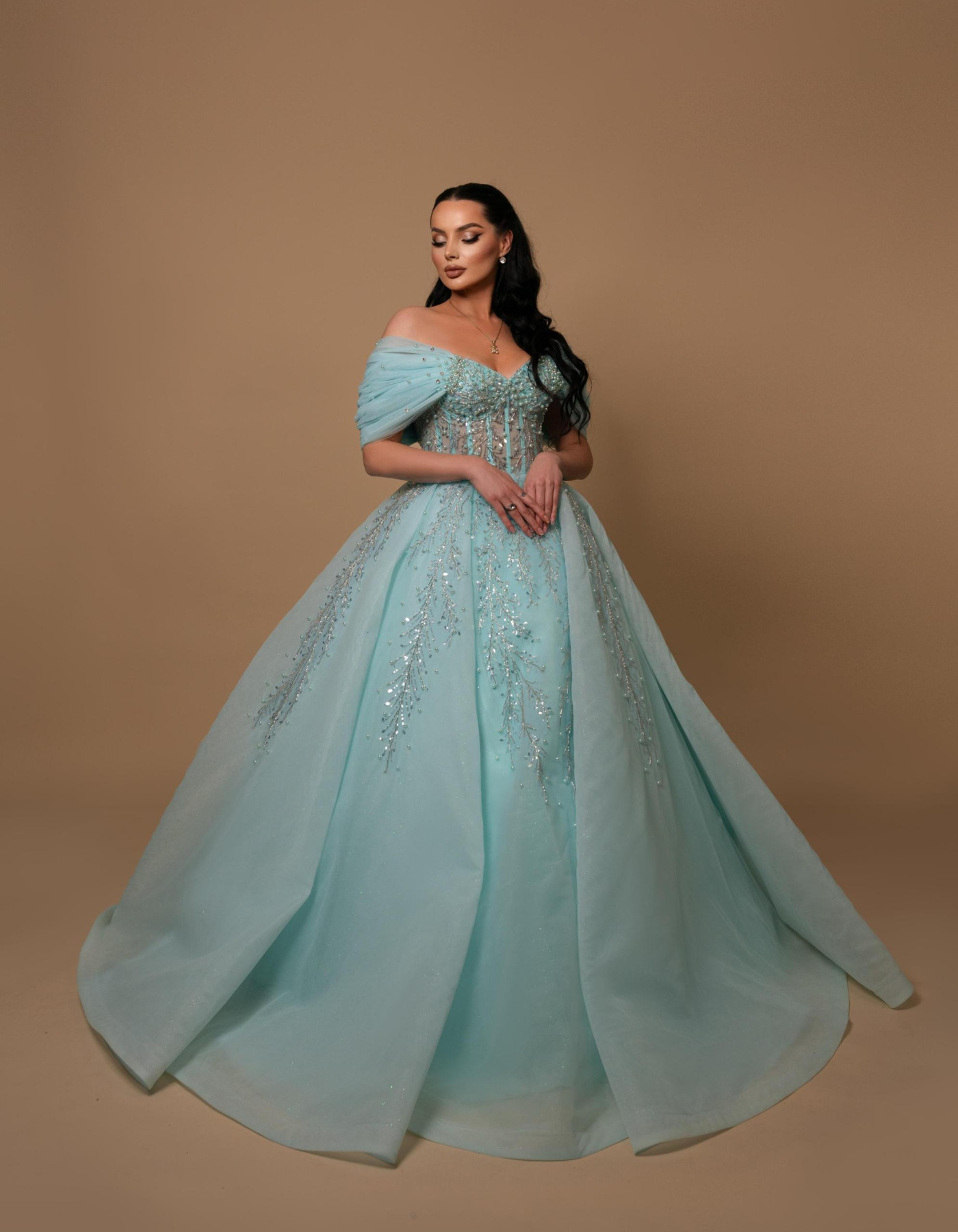 Sky Blue Long-Sleeve Wedding Gown with Embroidered Stones