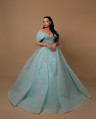 Sky Blue Long-Sleeve Wedding Gown with Embroidered Stones