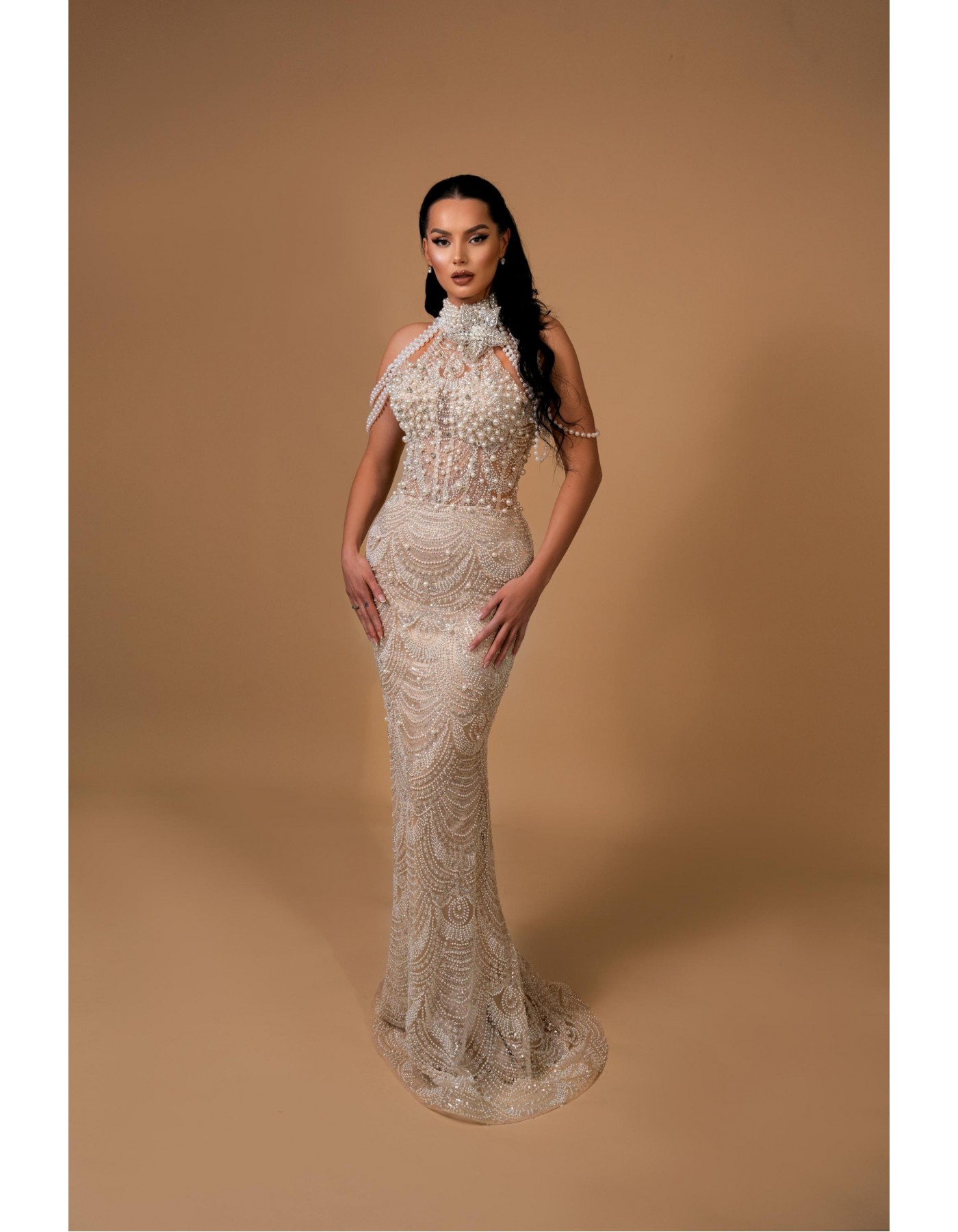 Pearl Enchantment Beaded Evening Gown