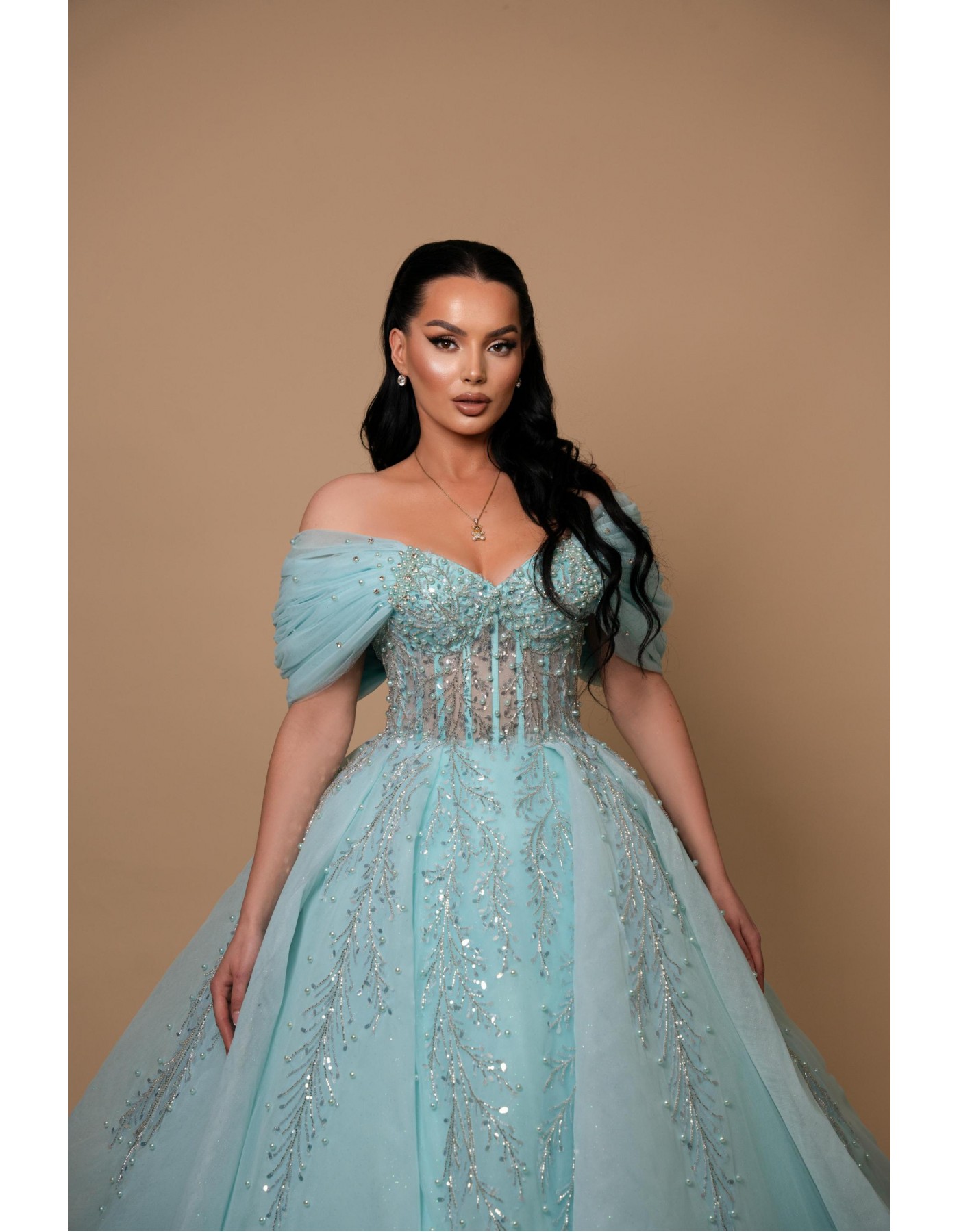 Sky Blue Long-Sleeve Wedding Gown with Embroidered Stones