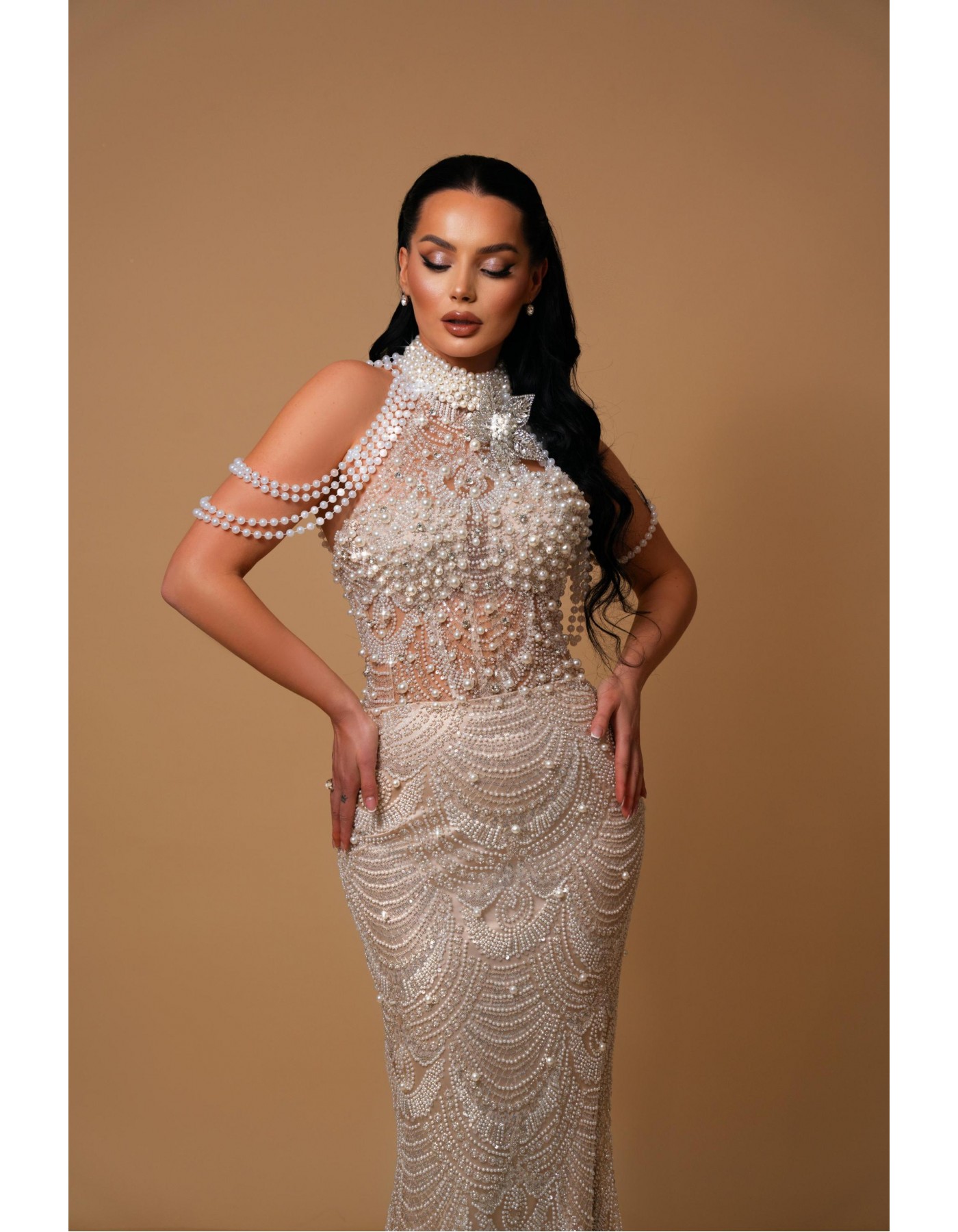 Pearl Enchantment Beaded Evening Gown