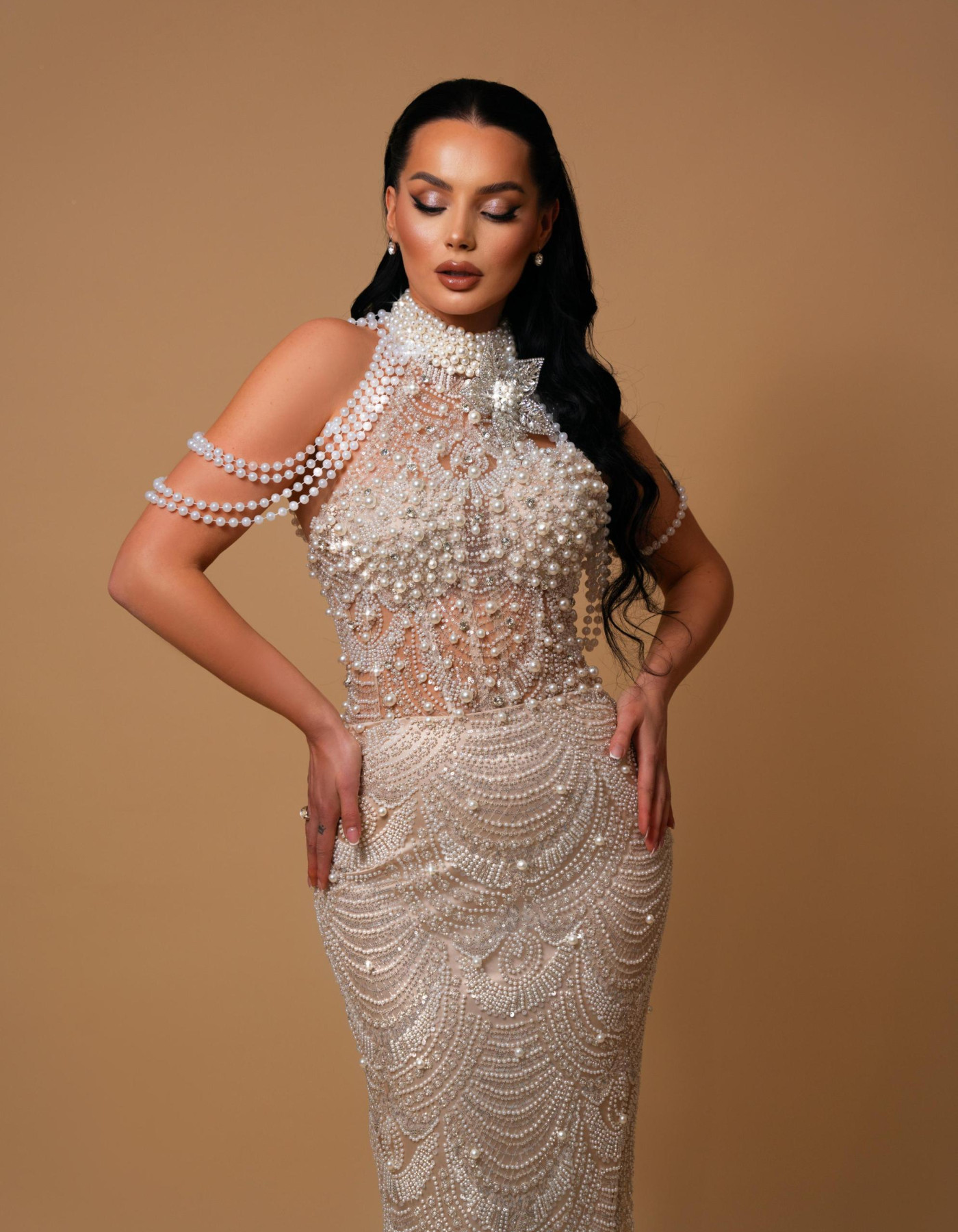 Pearl Enchantment Beaded Evening Gown