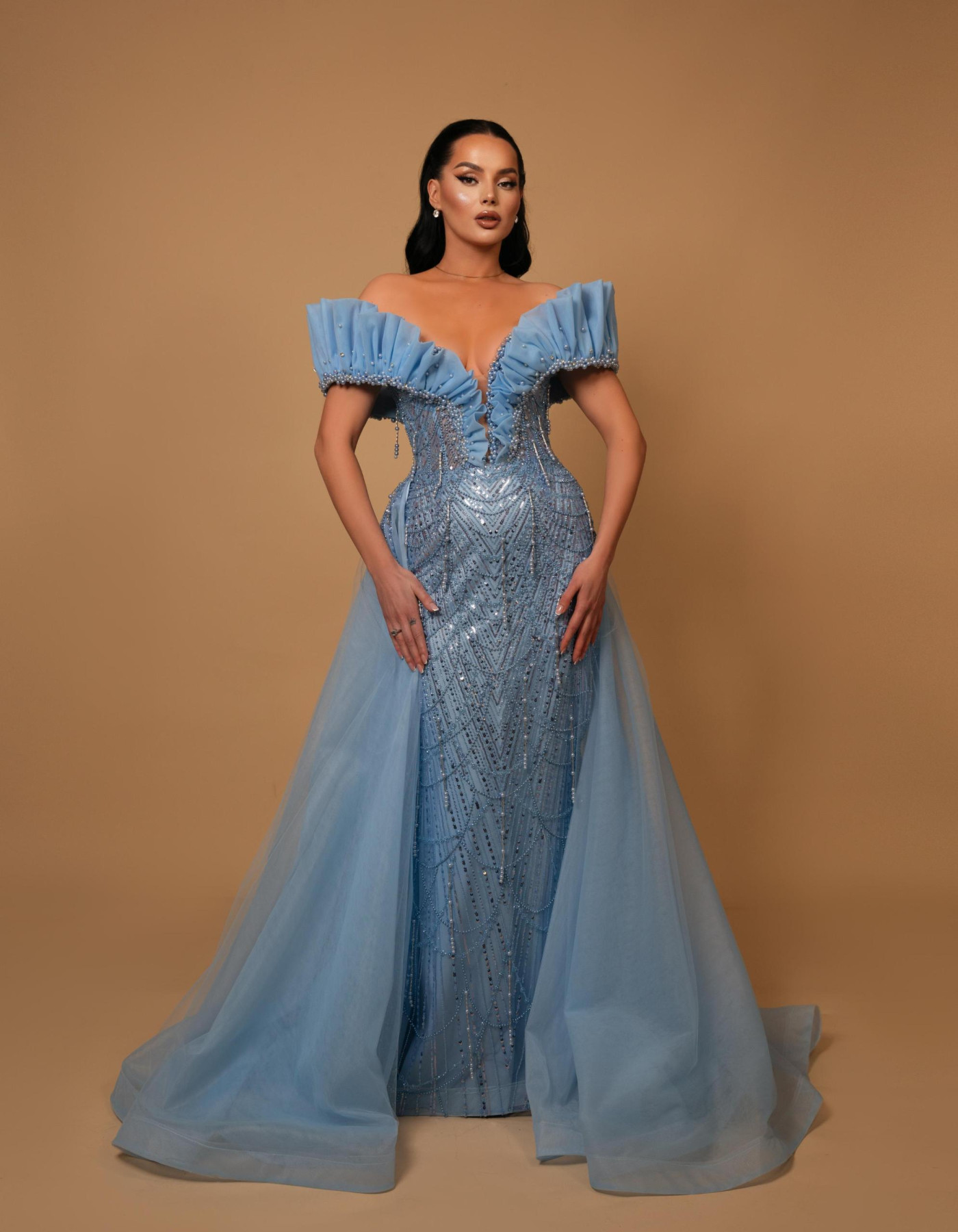 Celestial Blue Off-Shoulder Evening Gown