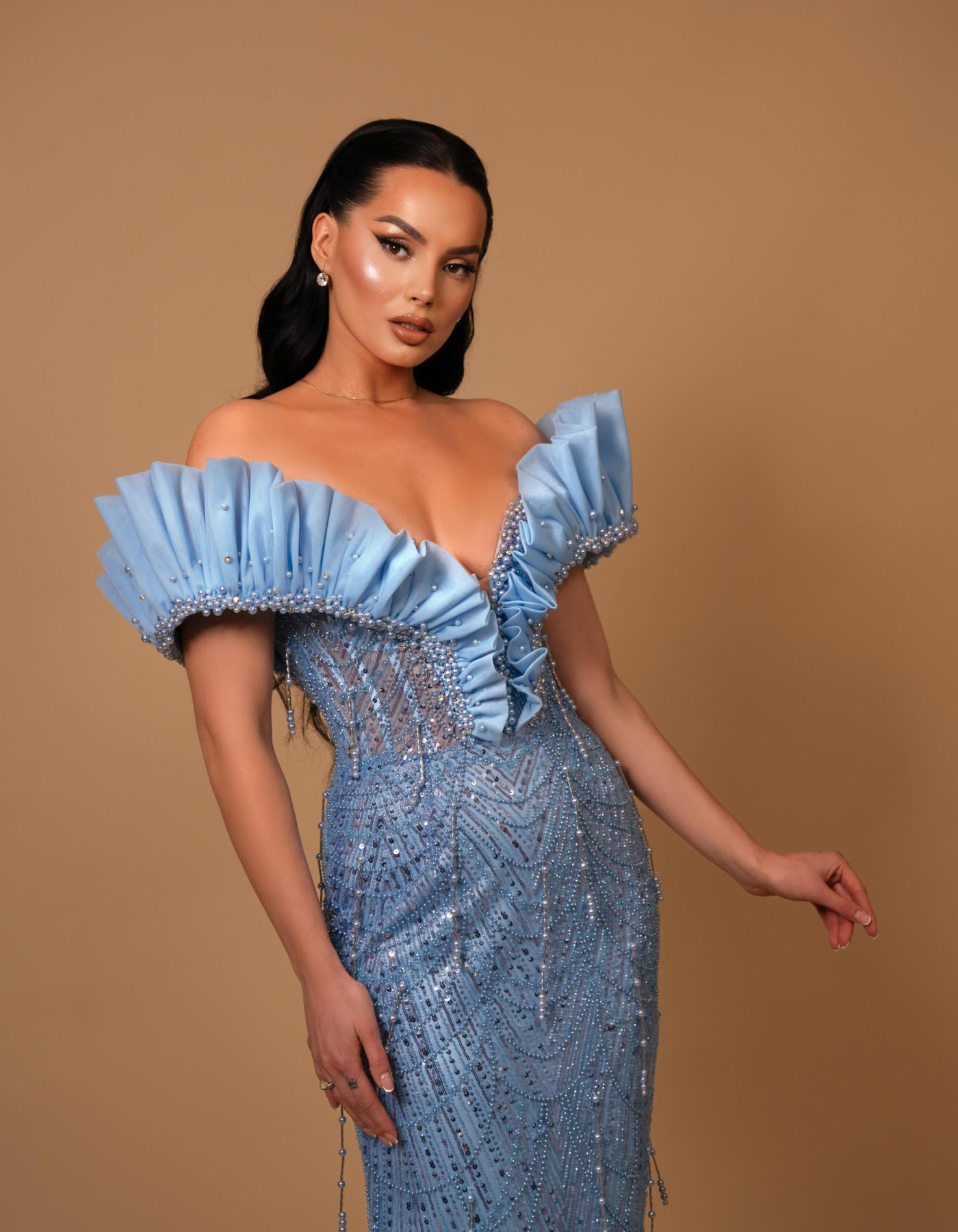 Celestial Blue Off-Shoulder Evening Gown