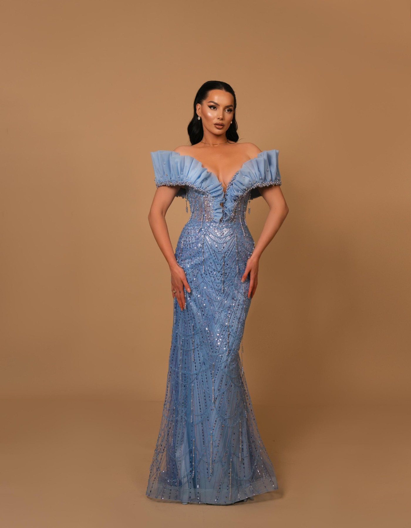 Celestial Blue Off-Shoulder Evening Gown