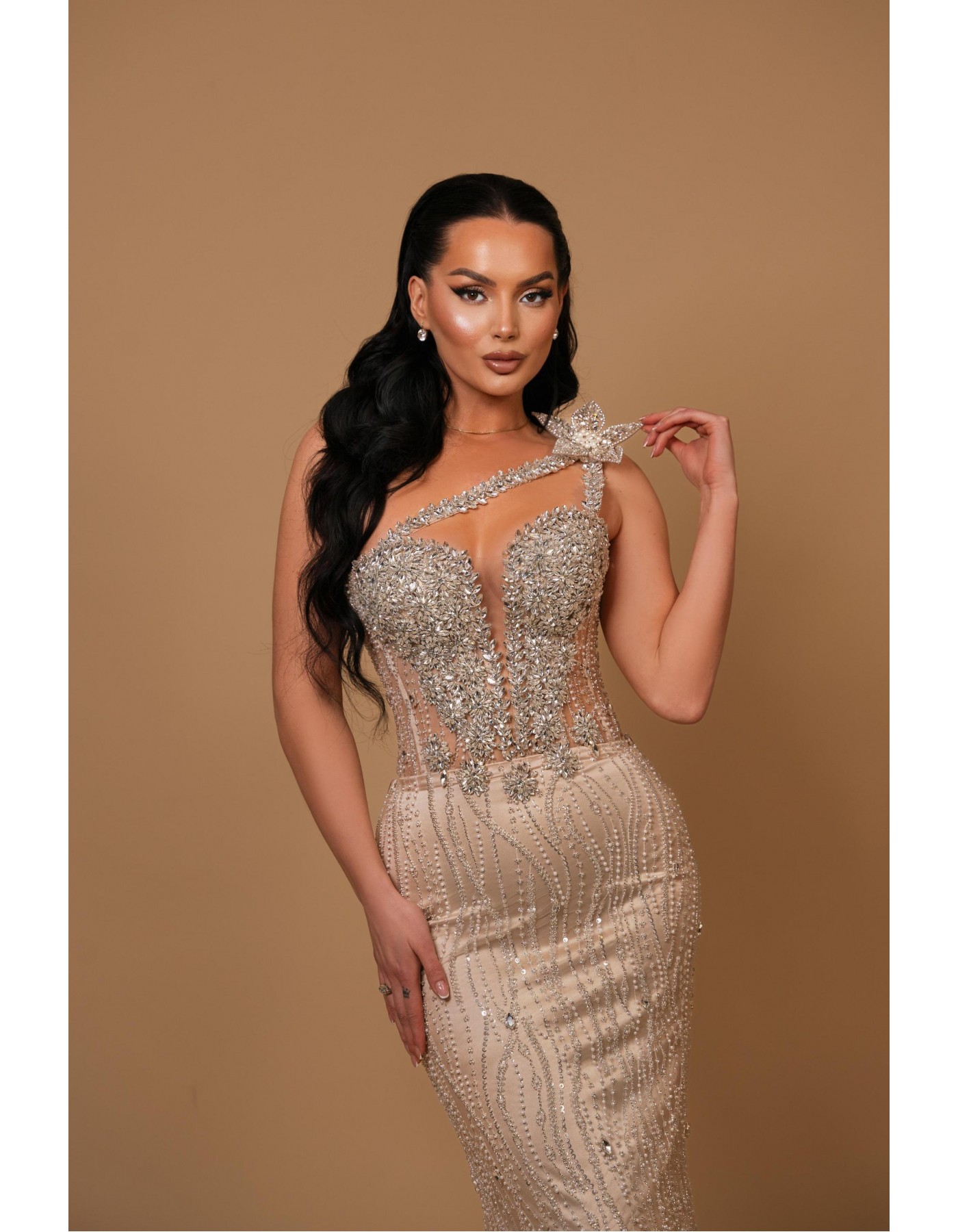 Starlit Elegance Asymmetric Crystal Gown