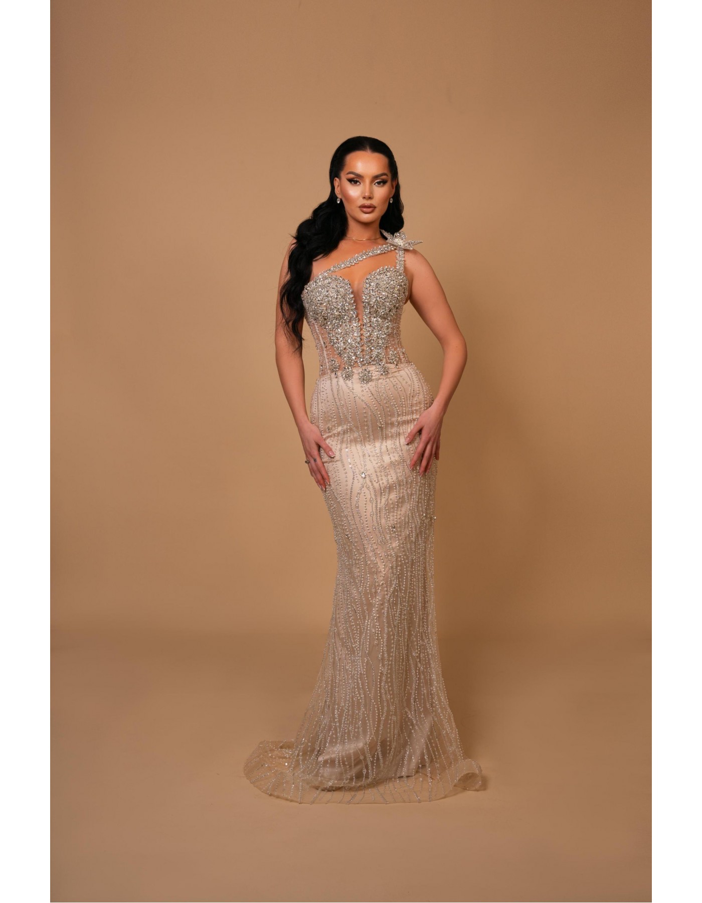 Starlit Elegance Asymmetric Crystal Gown