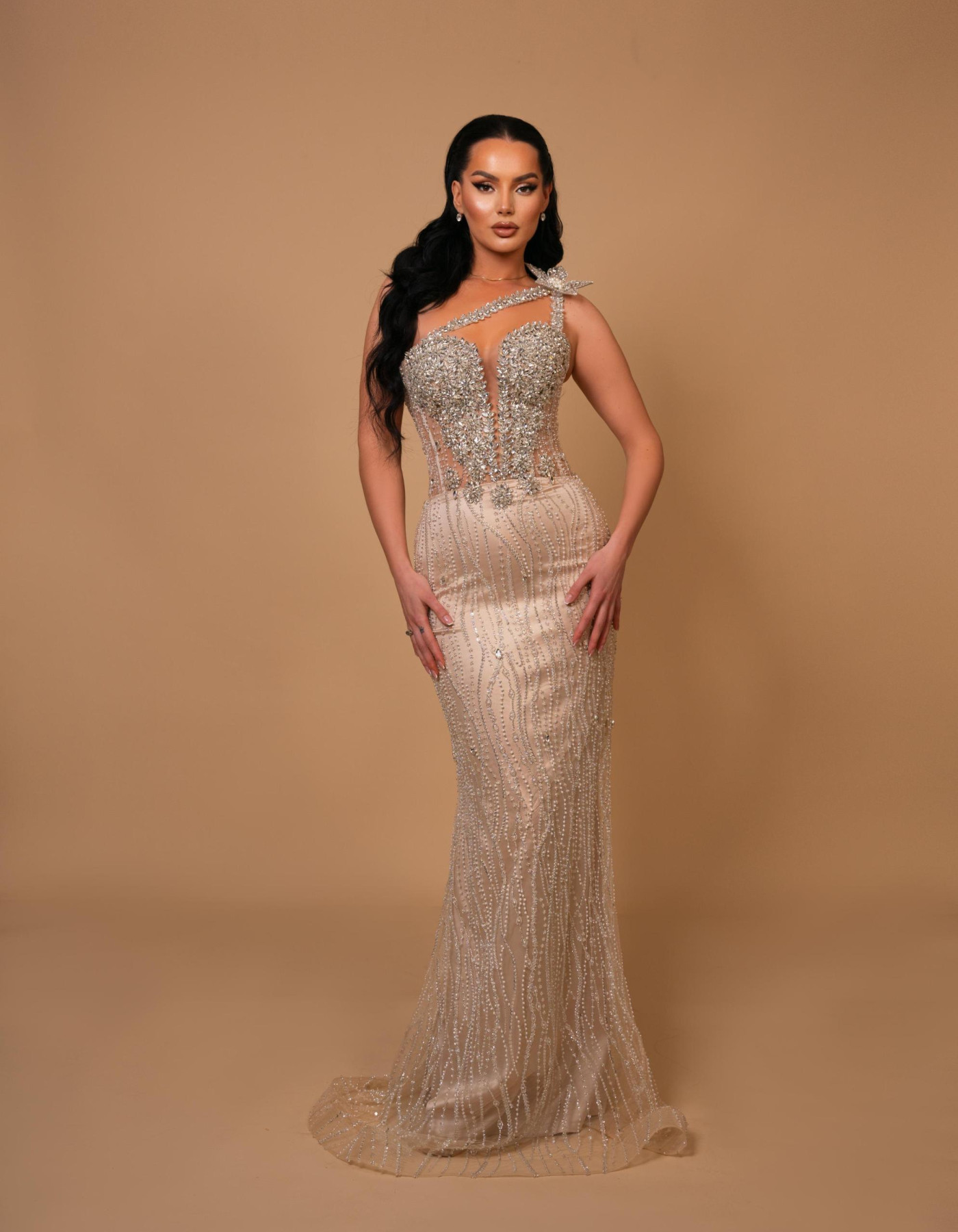 Starlit Elegance Asymmetric Crystal Gown