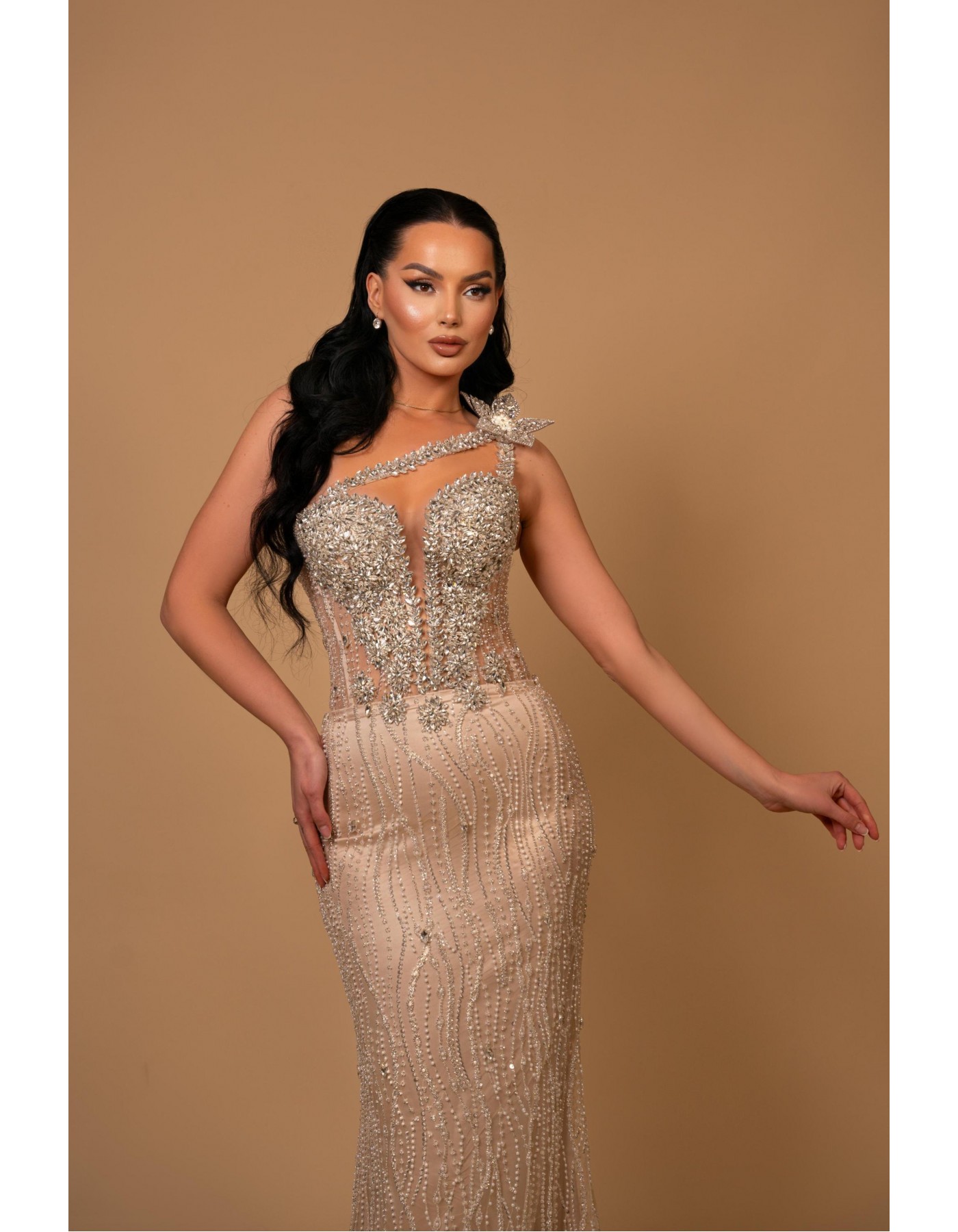 Starlit Elegance Asymmetric Crystal Gown