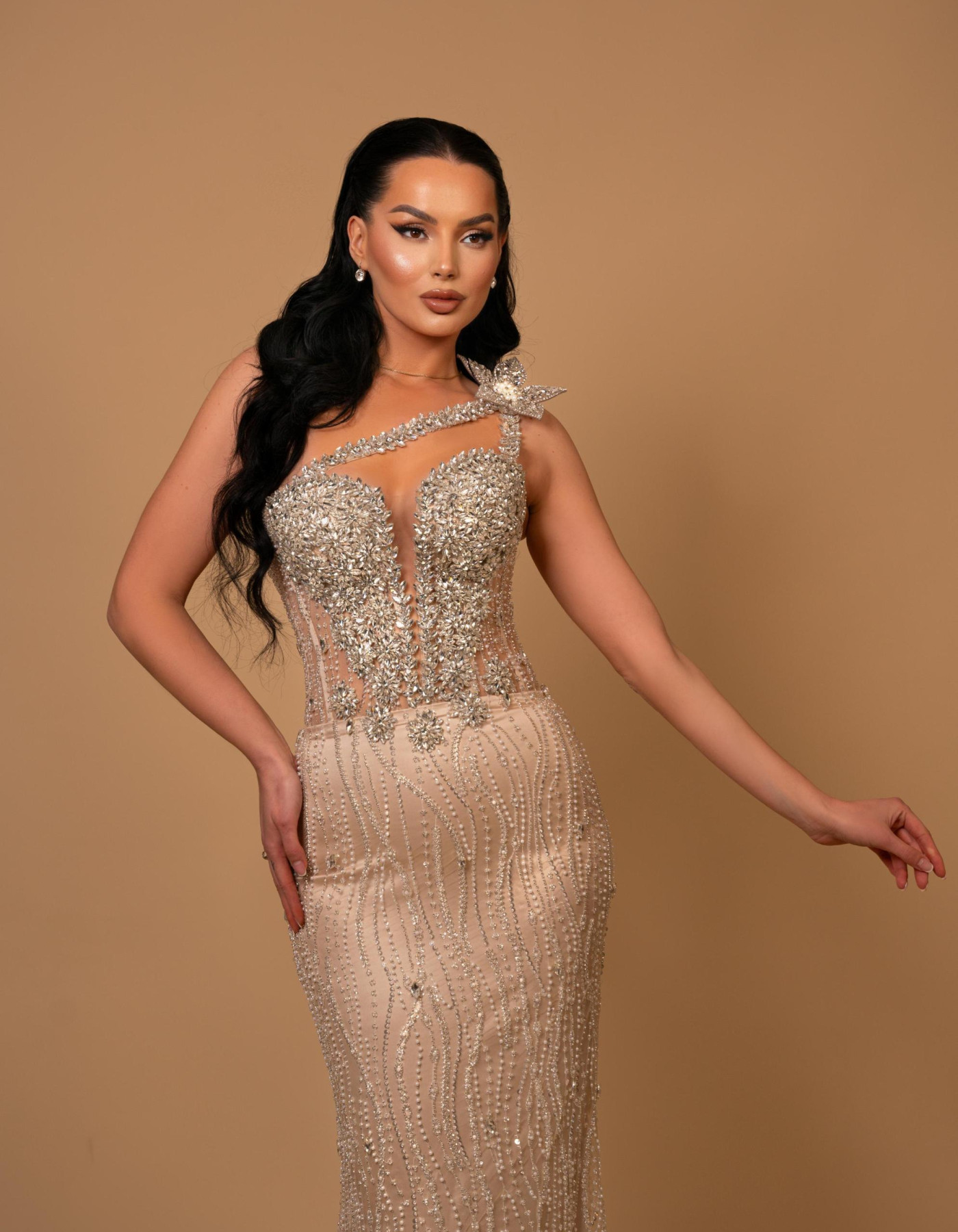 Starlit Elegance Asymmetric Crystal Gown